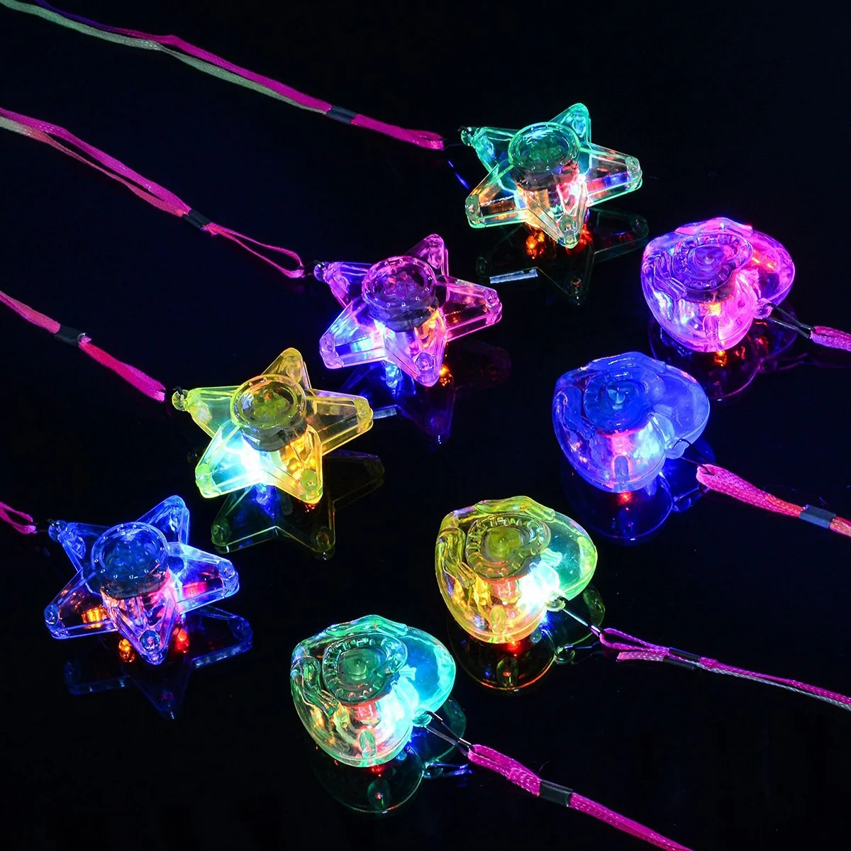 8PCS Colorful LED Sparkle Plastic Necklace and Shining Pendants (4PCS Pentacle Star and 4PCS Heart Shape)