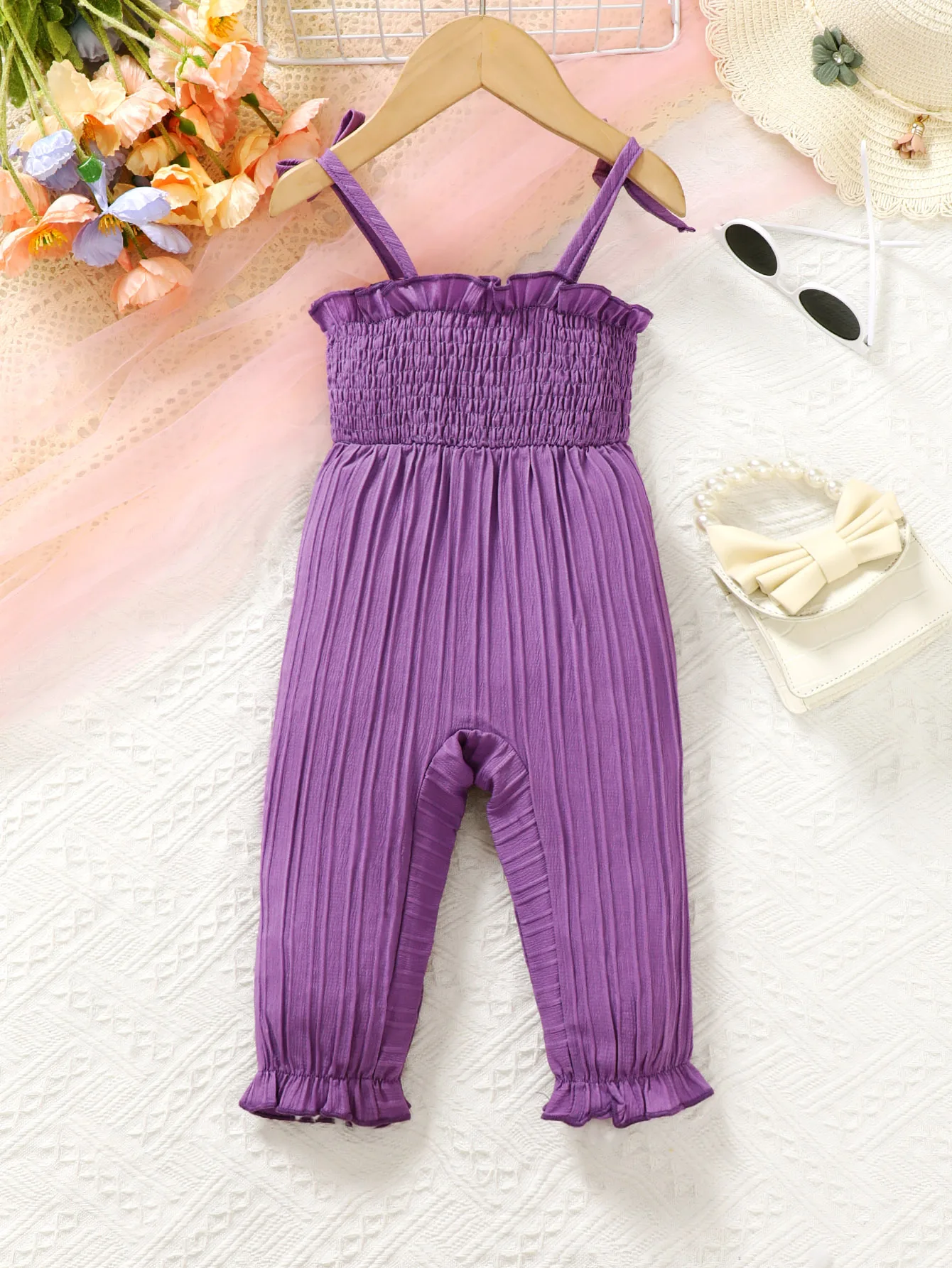 0-18m Newborn Girls Romper Straps Sleeveless Playsuits Smocking Textured Fabric One Piece Summer Bodysuits Purple