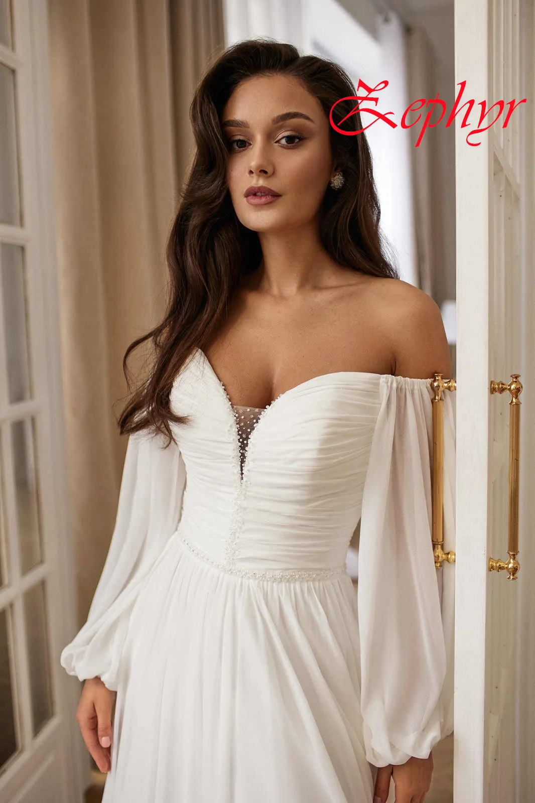 

Customized White High Quality Chiffon Off the Shoulder Long Sleeves V-neck Wedding Dress Classic Boho Bridal Gowns Lace Up Back