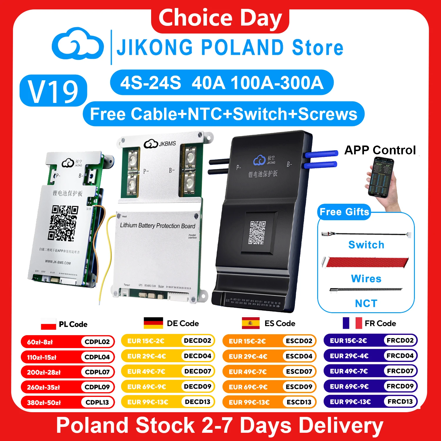 JIKONG V19 intelligens BMS 4S~24S BT kijelző fűtés CAN 0.4~2A áram 40A 100A 200A 300A aktív kiegyensúlyozó Li-ion LiFePo4 Lto ​​akkumulátorhoz