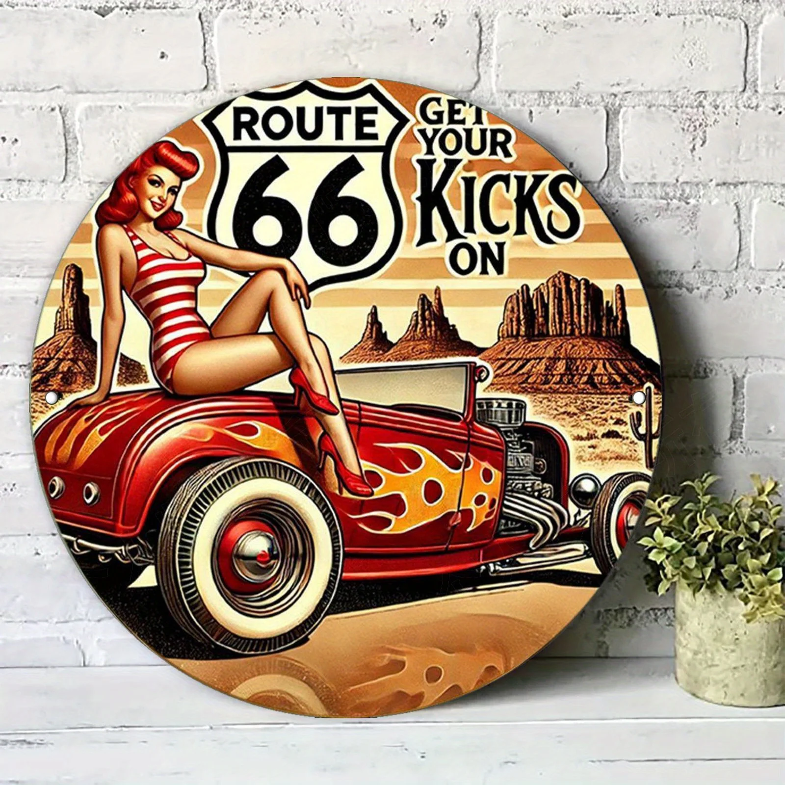 2D Flat, Vintage Route 66 Metal Wall Art - Retro Pin-Up Girl & Flaming Hot Rod Car Aluminum Sign, 20x20cm/7.87x7.87in, Durable