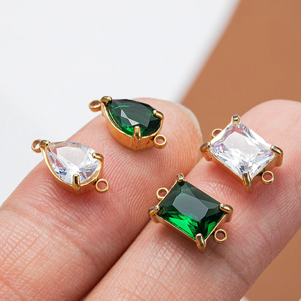 10pcs 5pcs Stainless Steel Zircon Pendants Green Transparent Two Holes Crystal Charms Beads for Necklace Jewelry Making DIY
