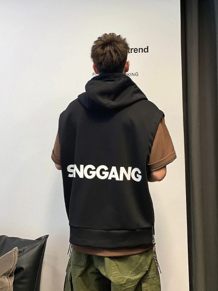 Oversized Vintage Hoodie for Men Streetwear Autumn Spring Sleeveless Top Korean Ins Style Casual Outerwear