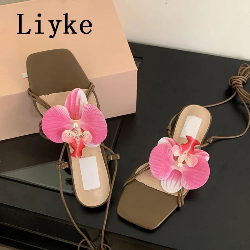 Liyke Vintage Square Toe Flowers Pinch Narrow Band Flat Sandals Female Fashion Cross Ankle Strap Designer Shoes Women Size 35-39