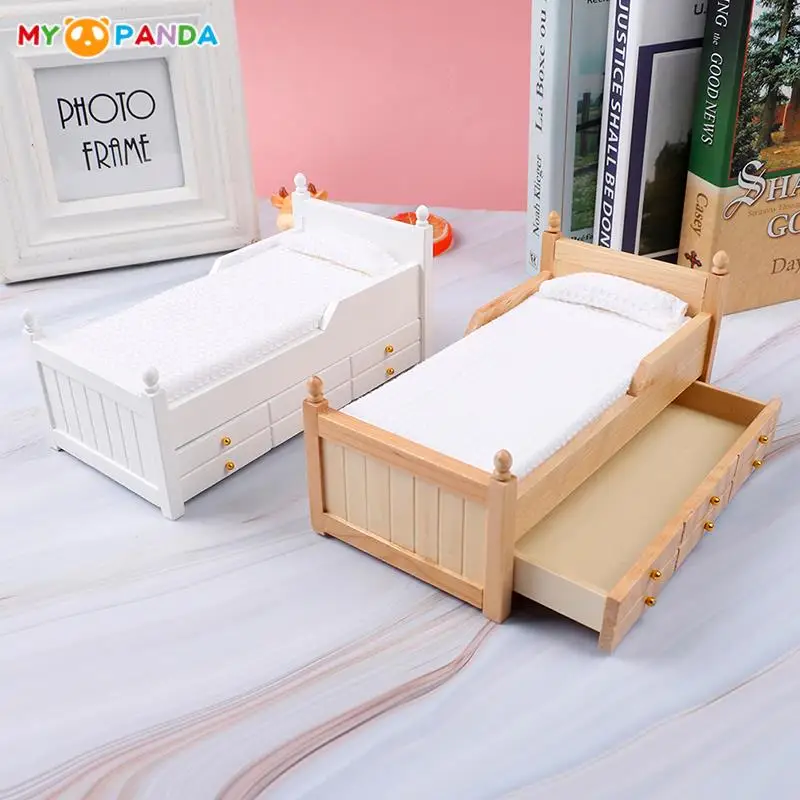 1:12 Dollhouse Miniature Wood Bed with Drawer Bedroom Living Room Sofa Set Simulation Furniture Model