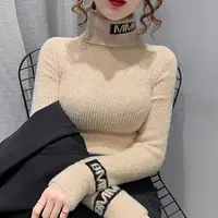 Autumn Winter New Letter Printing Sweaters Long Sleeve High Neck Solid Color Slim Youth Pullovers Elegant Fashion Women Clothing 4