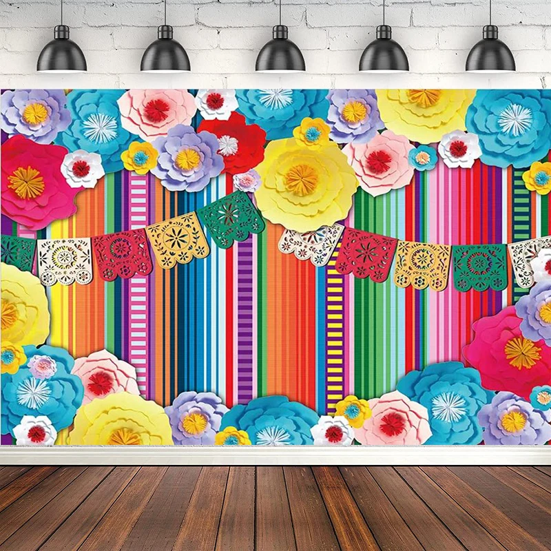 Mexico Fiesta Photography Backdrop Paper Flower Color Stripe Photo Background Cinco De Mayo Party Decoration Baby Shower Banner