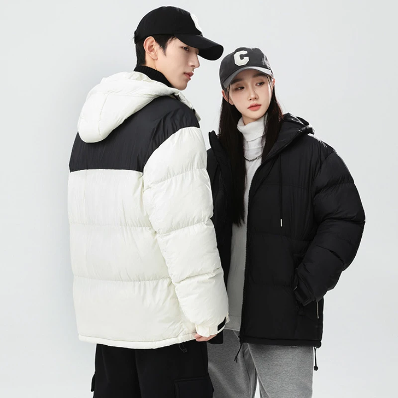 2024 Winter New Couple Patchwork Hooded Parkas Cotton Jacket Men Women Casual Bread Clothing Thickened Padded Cotton Warm