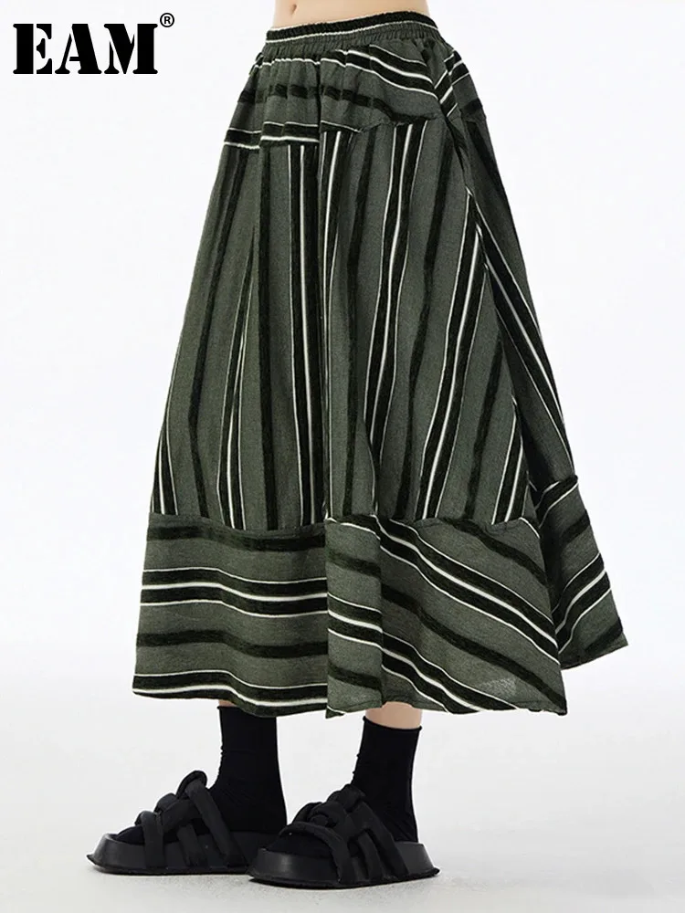 

[EAM] High Elastic Waist Green Striped Spliced Casual A-line Half-body Skirt Women Fashion Tide New Spring Autumn 2024 1DH6716