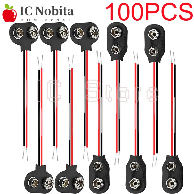 100PCS I-Type T-Type 9V Battery Connector with Black Red Wire 15cm Cable Battery Cap Buckle Interface Clip Connector