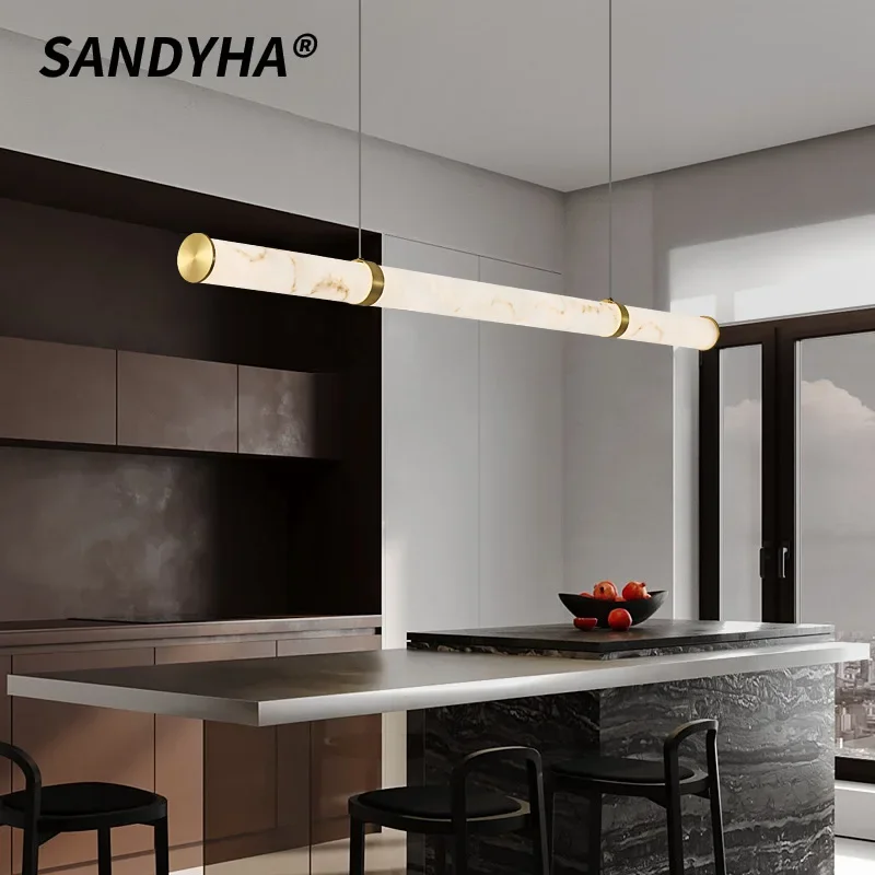 SANDYHA Italian All Copper Pendant Light with Imitation Jade Lampshade Elegant Chandelier for Dining Table and Restaurant Home