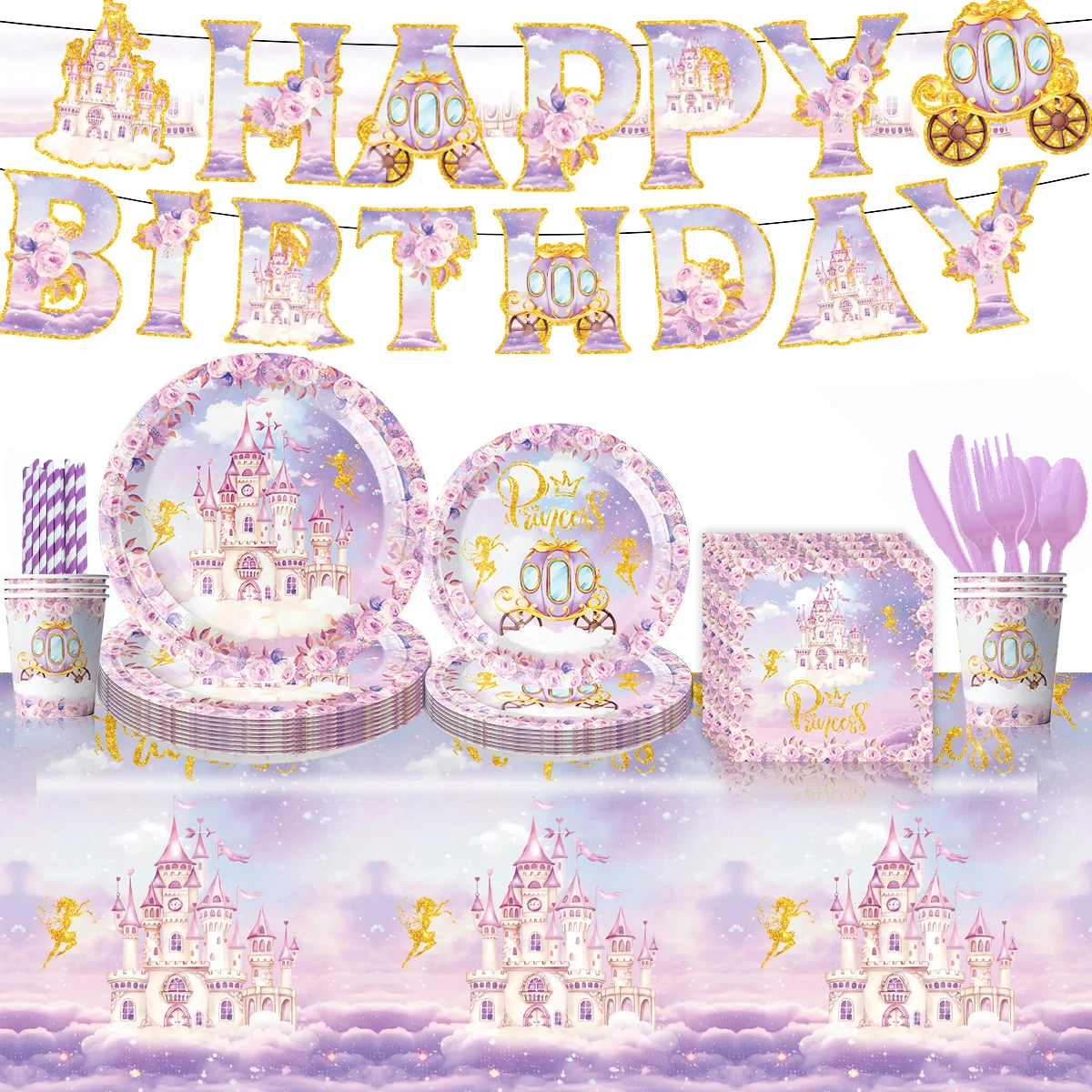 Pink Castle Theme Birthday Party Decorations Disposable Tableware Set Paper Plates Napkins Cups