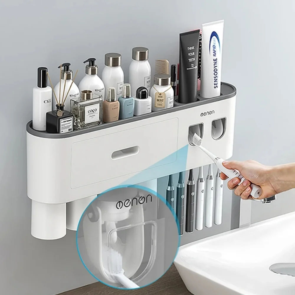 Bathroom Accessories Set Magnetic Adsorption Inverted Toothbrush Holder Automatic Toothpaste Dispenser Squeezer Storage Rack