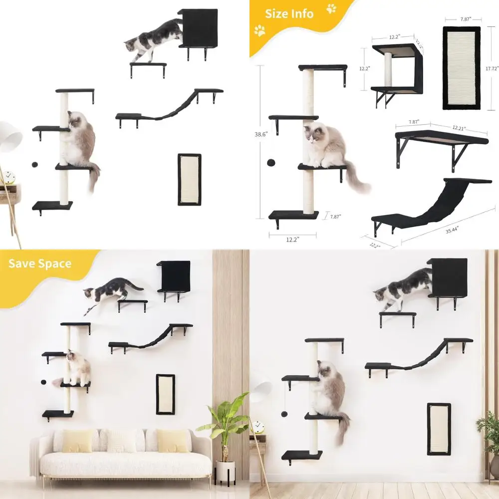 

Набор из 5 деревянных настенных элементов мебели для кошек: домик, мостик, дерево, ступеньки, когтеточка, черный цвет