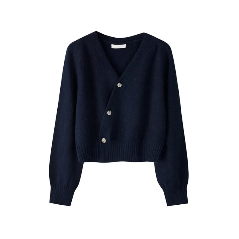 Autumn Winter Skew Button Cardigan V-neck Sweater Women Knitted Long Sleeve Tops Korean Loose Solid Cashmere Sweater for Woman