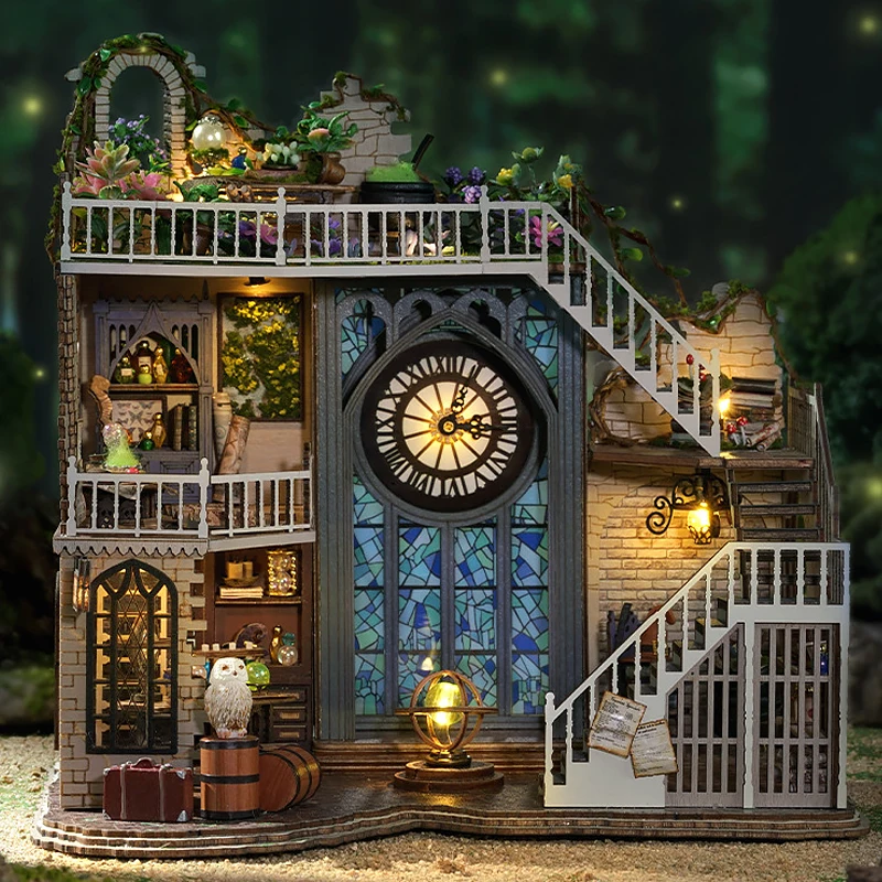 Zuuton DIY Miniature Magic Doll House Kit Wooden Gothic Clock Tower Building Model with LED Light Creative Gift for Home Decor