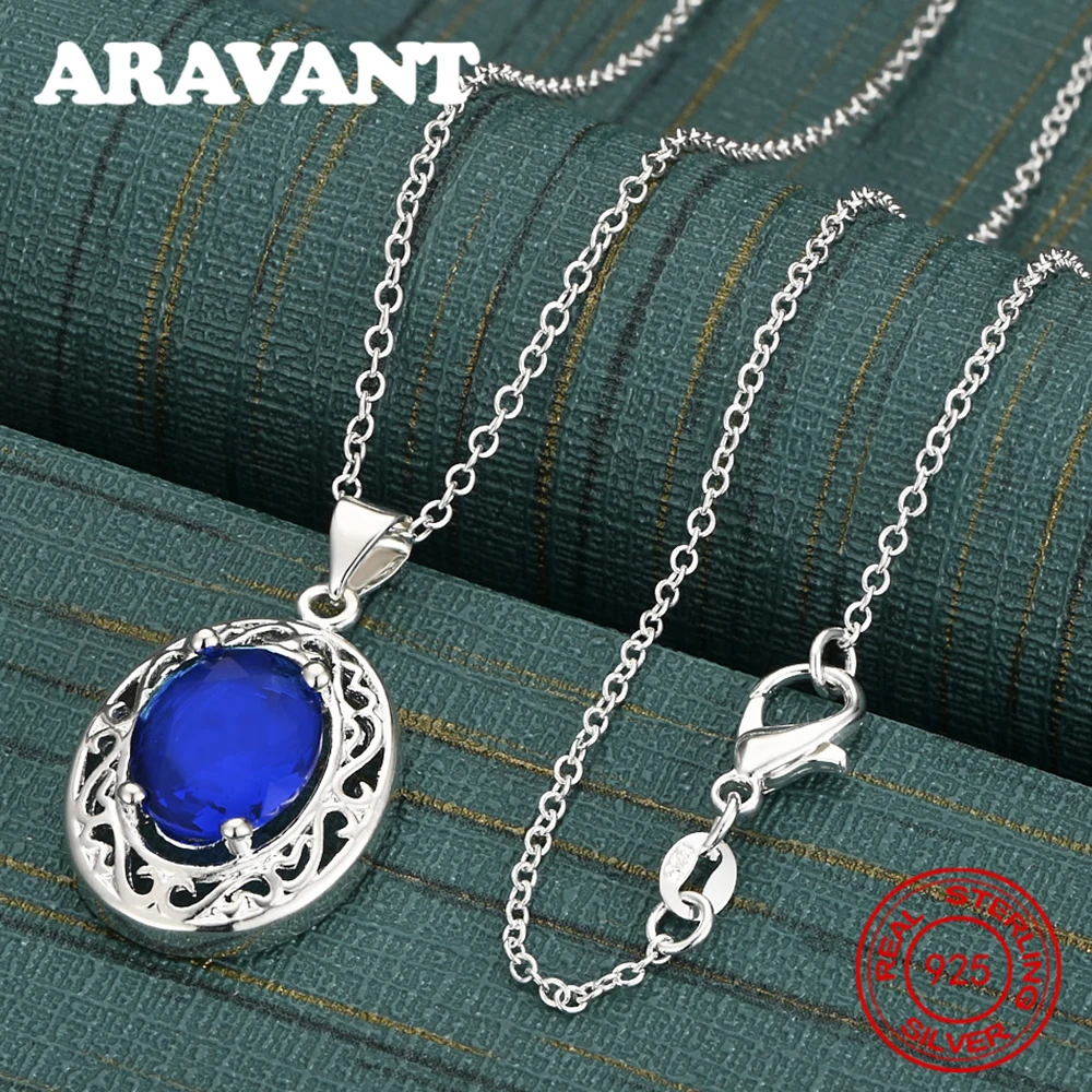 925 Sterling Silver Round Blue Zircon Pendant Necklace For Women, Commuter Accessories, Christmas Gifts, Jewelry