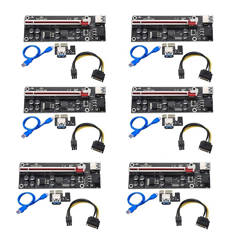 6 шт. VER009S Plus PCI-E Riser Card PCI Express 1X–16X с кабелем USB 3.0 SATA–6-контактный кабель питания для майнинга