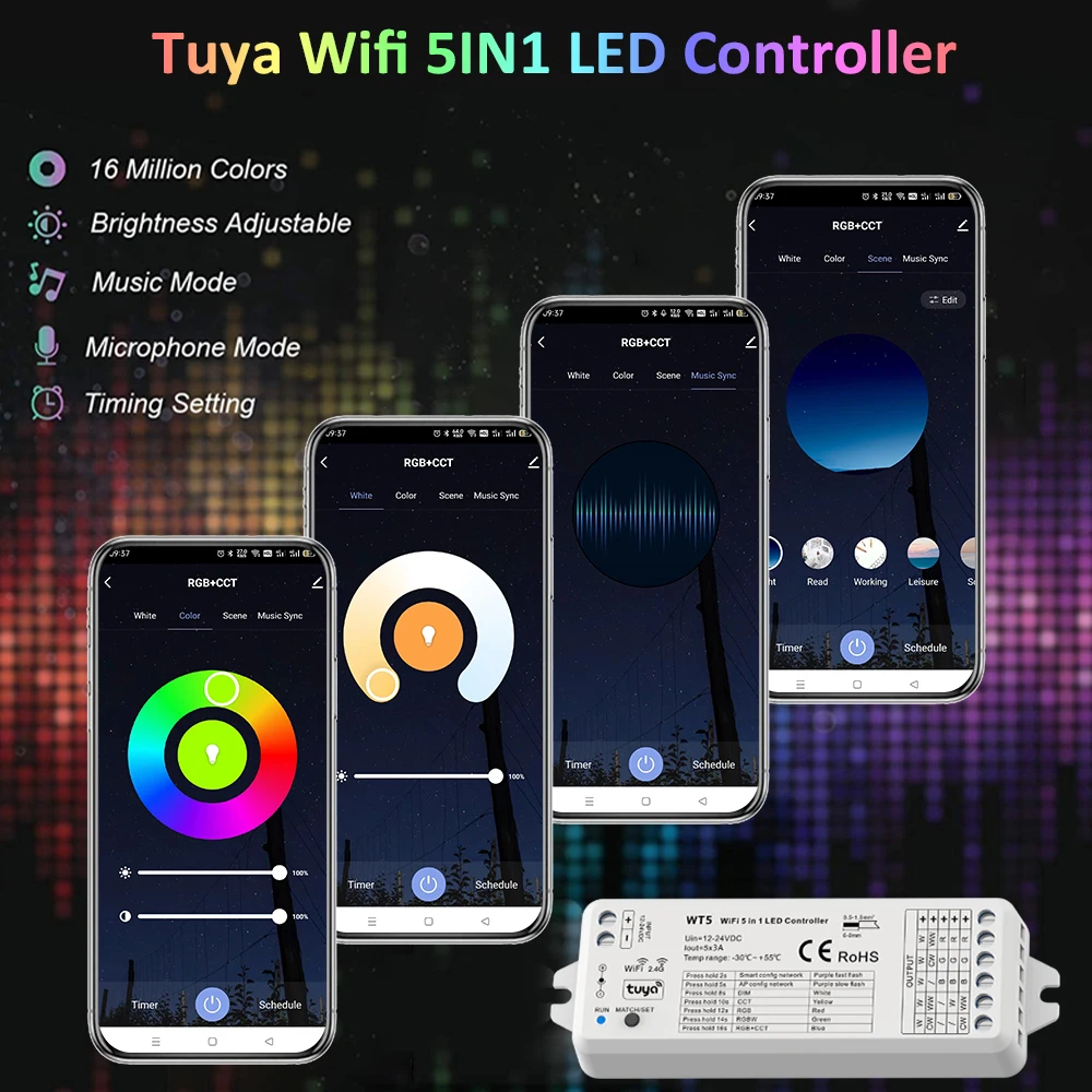 WT5 Tuya Wifi Controller 12v 24v 15A 5in1 Dimmer RGB CCT RGBW RGBCCT LED Smart Life Controller Work with Alexa Google Assistant