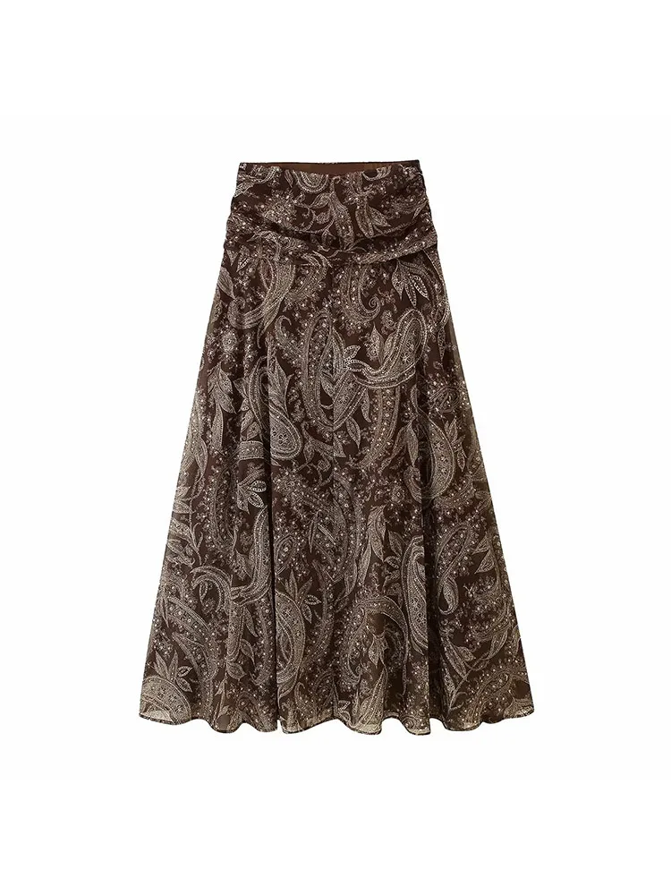 

Women 2025 Autumn Ruched Bohemian Flowy Streetwea Lady Chic Street Skirt Brown Floral Printed Pleated Maxi Skirt For Women