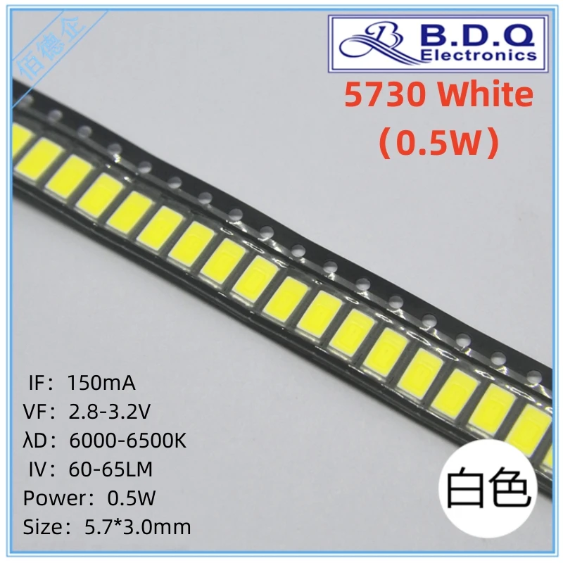 

100pcs 5730 SMD LED 0.5W White 6000-6500K 60-65LM LED Lamp Beads Size 5630 Light-emitting Diode High Bright Quality