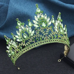 Luxury High Royal Queen Wedding Crown for Women Large Lime Green Crystal Banquet Tiaras Party Costume Hair Jewelry Accessories