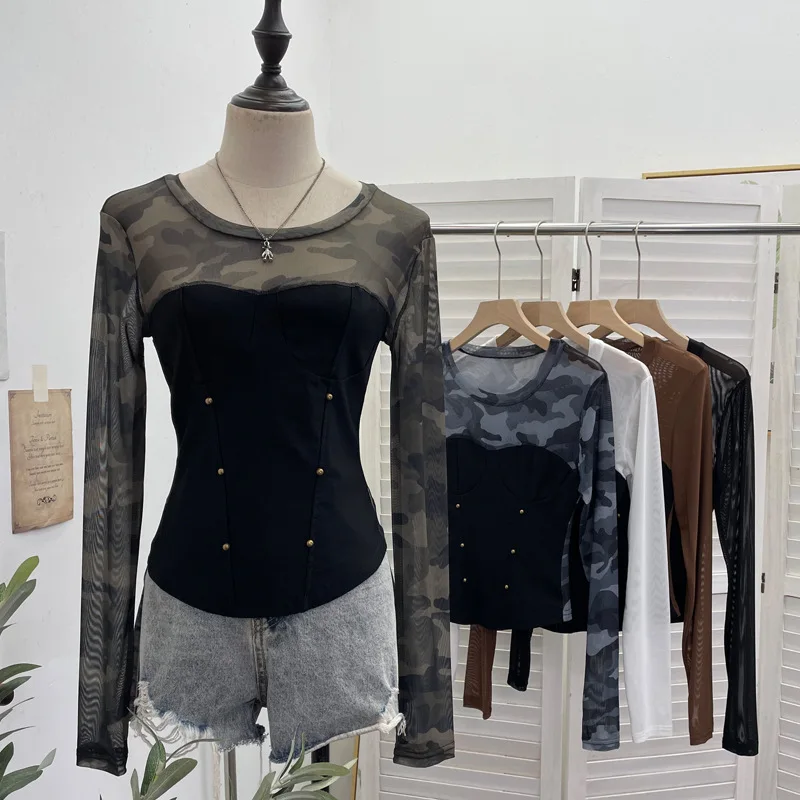 

Camouflage Mesh Splicing Long-sleeved T-shirt Bottoming Shirt Slim-fitting Top Women