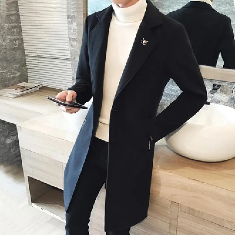 Nice Autumn Winter Pop Men's Woolen Coats Male Slim Long Jacket Fashion Boutique Solid Slim Men's Trench Coat Jacket Plus Size