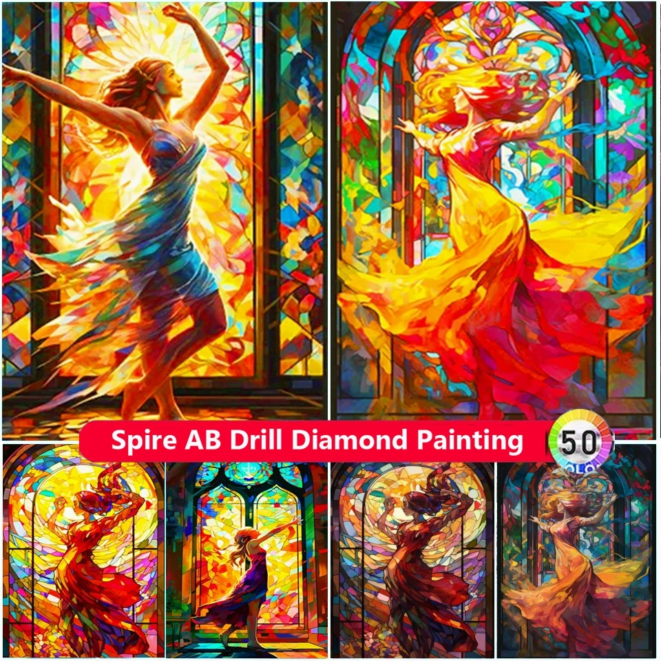 

Stained Glass Dancing Girl AB Drills Diamond Painting Embroidery Woman Yellow Dress Art DIY Cross Stitch Mosaic Home Decor Gift