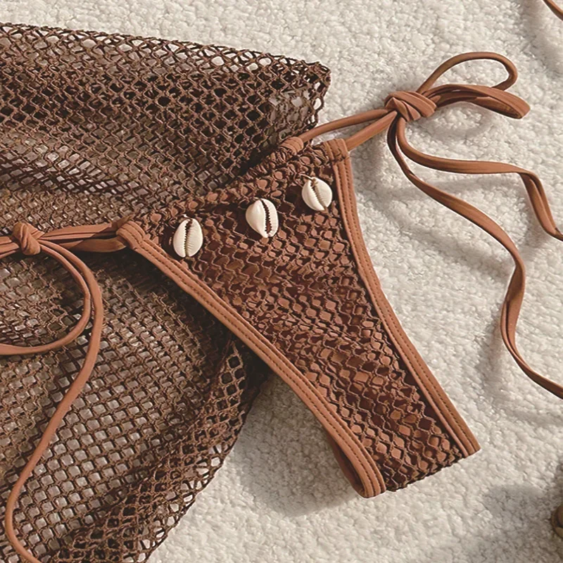Sexy Brown Mesh Swimsuit Cover Ups Women Triangle String Micro Bikini Thong Halter Swimwear Bathing Suit 3 Piece Bikini Set 2026