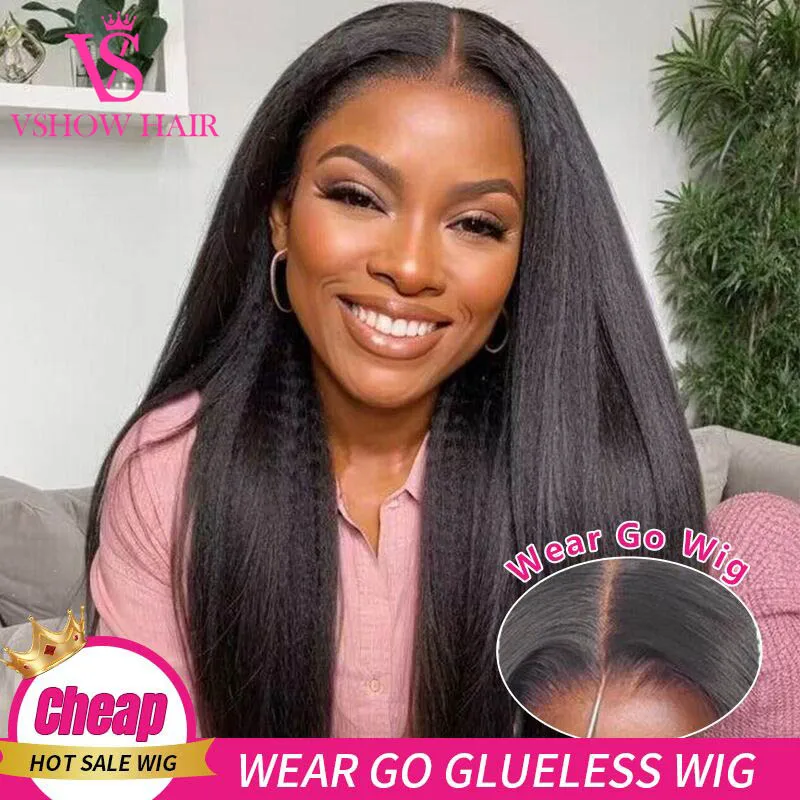 VSHOW Kinky Straight 4x4 HD Lace Closure Wigs Wear And Go Yaki Straight Glueless Human Hair Wigs Ready To Wear For Beginners