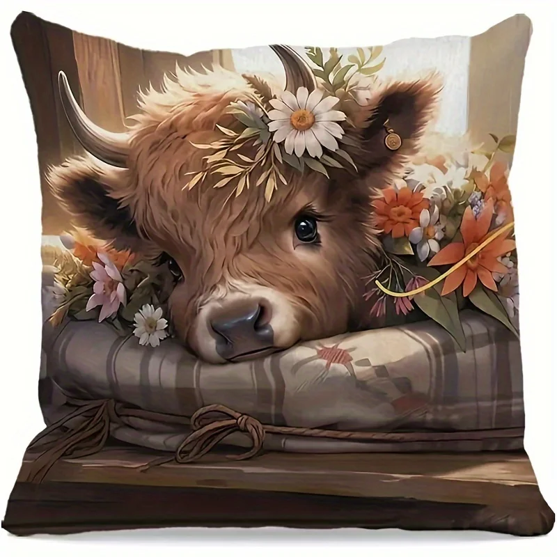 1pc Floral Highland Cow Print Throw Pillow Cover,Suitable for Sofa,Bedroom,Living Room,A Heartwarming Gift for Animal Lovers