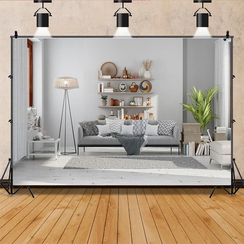 

Backdrops Modern Living Room Interior With Gray Sofa, Floor Lamp, Potted Plant, Books Photography Background SSD-10
