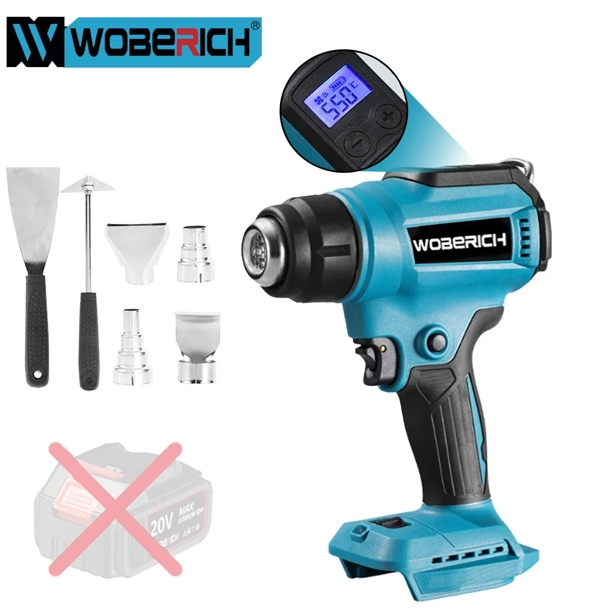 WOBERICH Cordless Heat Gun Wind Speed Adjustment LED Temperature Display Industrial Home Hot Air Gun (No battery) For Makita 18V