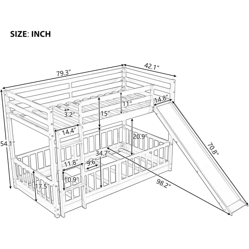 Bunk Beds, Twin Over Twin Low Bunk Bed for Kids, Ladder and Slide Can Be Interchanged or Remove Bunk Beds