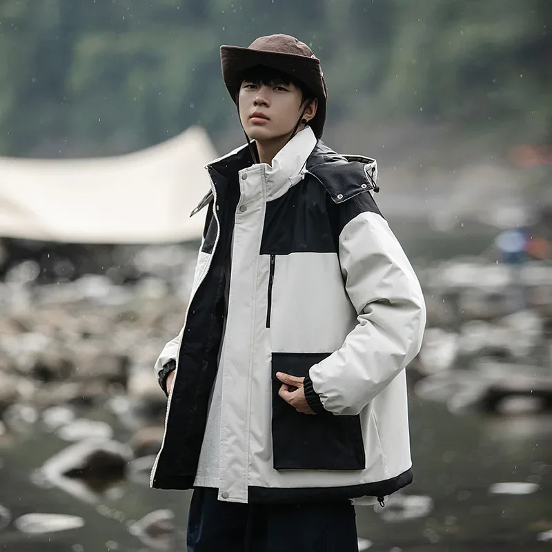 

Man Cargo Jacket Autumn Winter Contrast Color Pocket Male Hooded Outerwear Long Sleeve Zipper Loose Outdoor Sport Men Coat