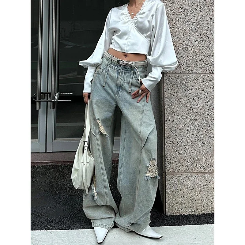 

Women Streetwear Blue Vintage 2000s Aesthetic Ripped Jeans Loose Washed Y2K Wide Leg Pants Punk Baggy Harajuku Denim Trousers
