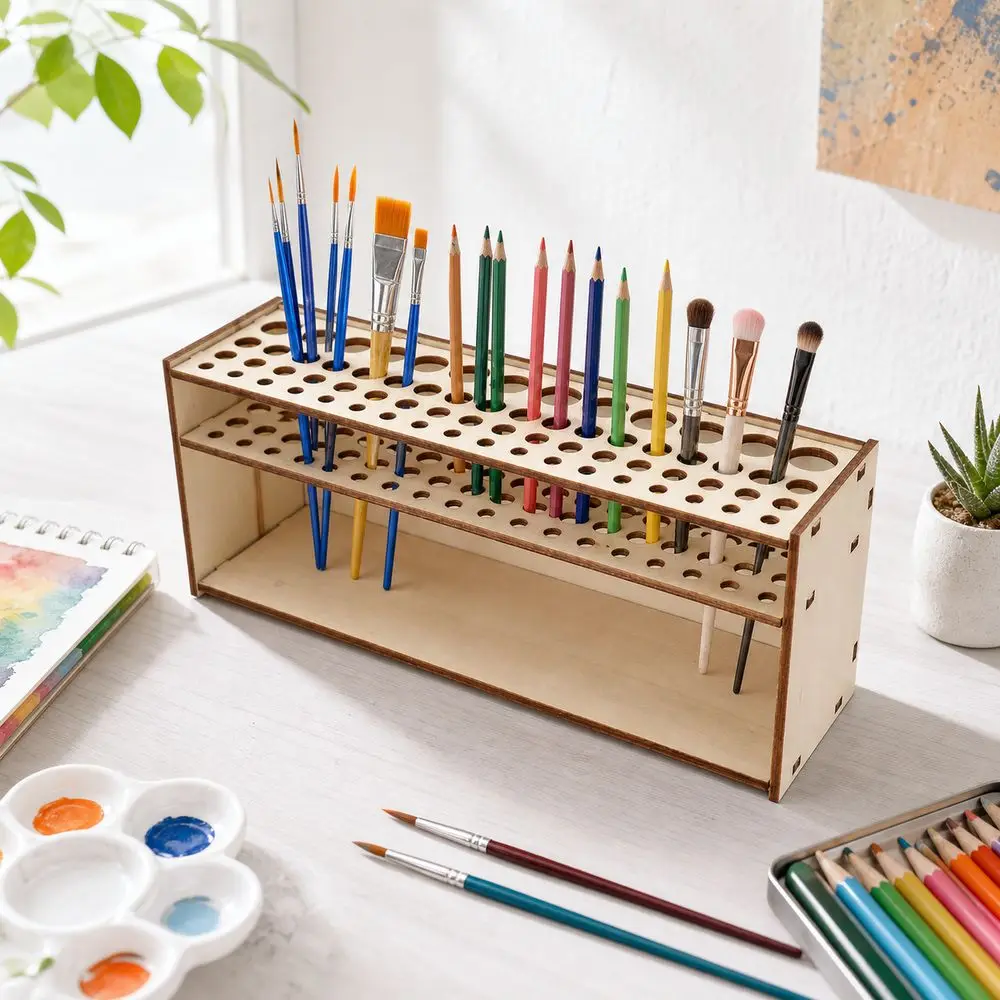 Wooden Paintbrush Organizer Multi Hole Space Saving Makeup Brush Holder Natural Wood Style Open Slot Structure Brush Holder