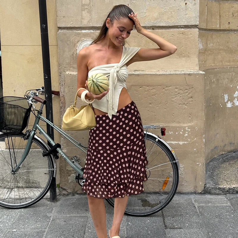 French Style Polka Dot Lotus Leaf Skirt Korean Style Irregular Mesh Midi Skirts Autumn New High Waisted A-Line Half Dress