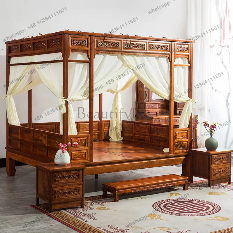 Antique solid wood Chinese furniture double bed pedal type classical carved shelf bed