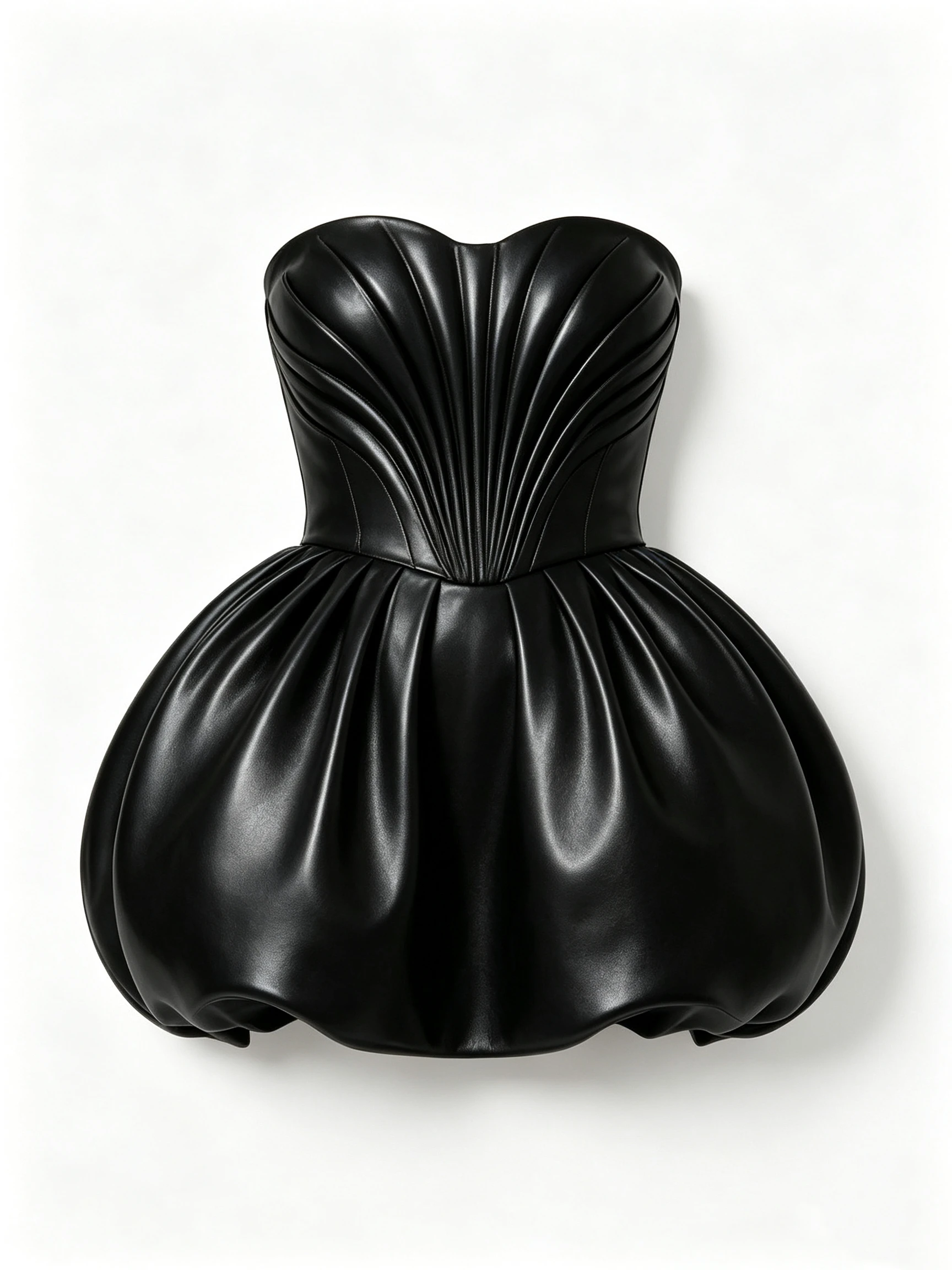Luxury Black Strapless Corset Leather Mini Dress with Structured Balloon Skirt