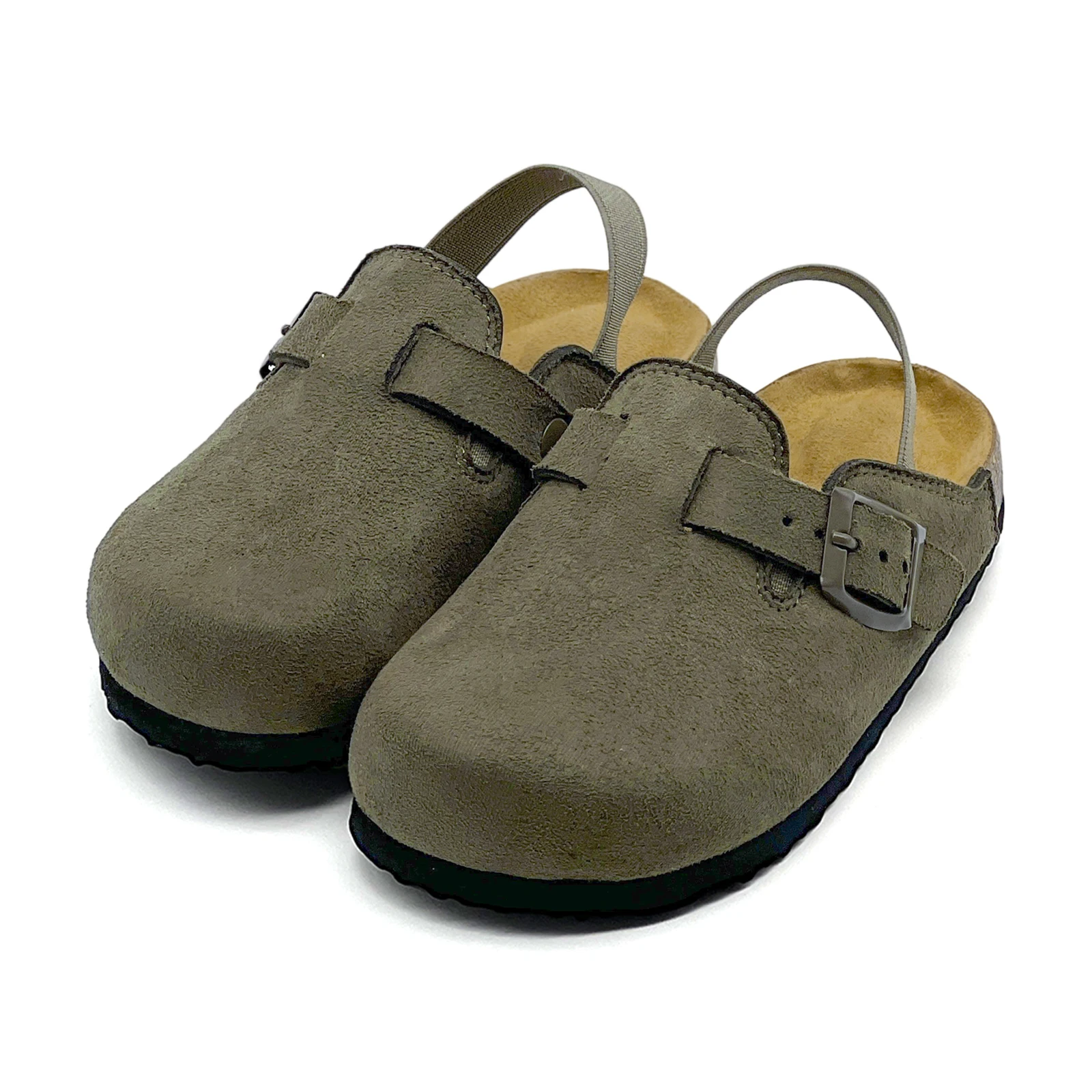 Toddler Kids Suede Leather Clogs Cork Footbed Arch Support Adjustable Buckle Elastic Heel Strap Unisex Boys Girls Slippers