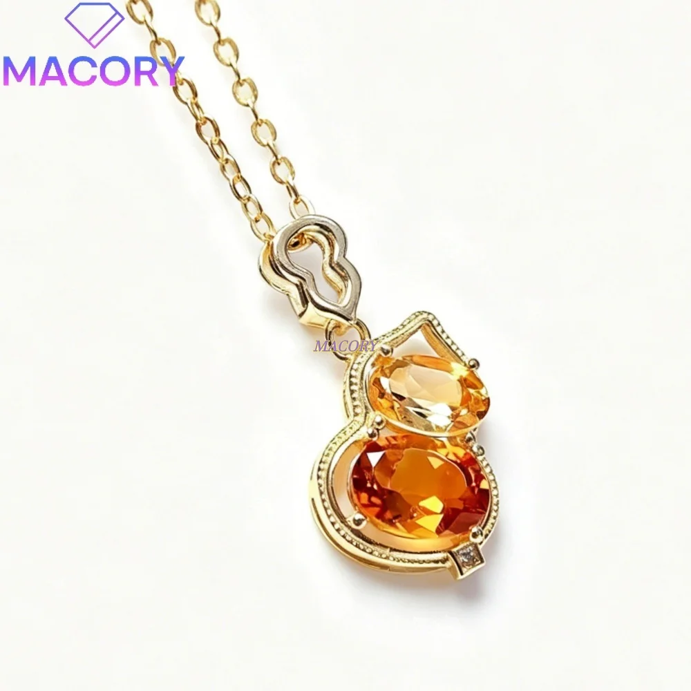 Natural Citrine and Garnet Pendant Necklace S925 Sterling Silver Gourd Shape Design Gradient Color Two choices Birthday Gift