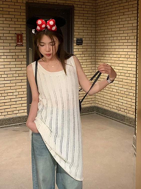 

Ladies' Hollow out Svel Knitted Vest Dr Mid-Length Summer Thin Top Design Sense Commute Sle Vintage Loose Fit
