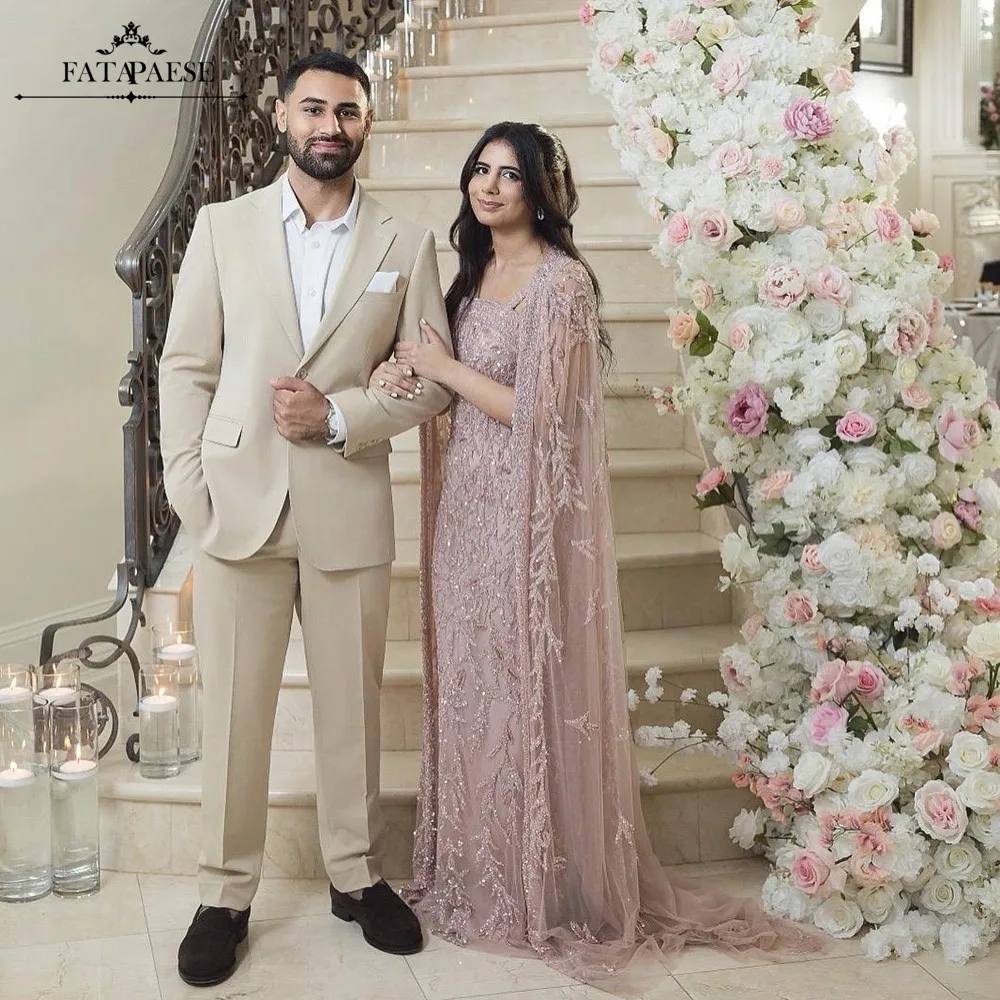 Fatapaese alta costura vestidos de noite de luxo com capa requintado contas cristais rosa sereia vestidos de noite árabe dubai vestido