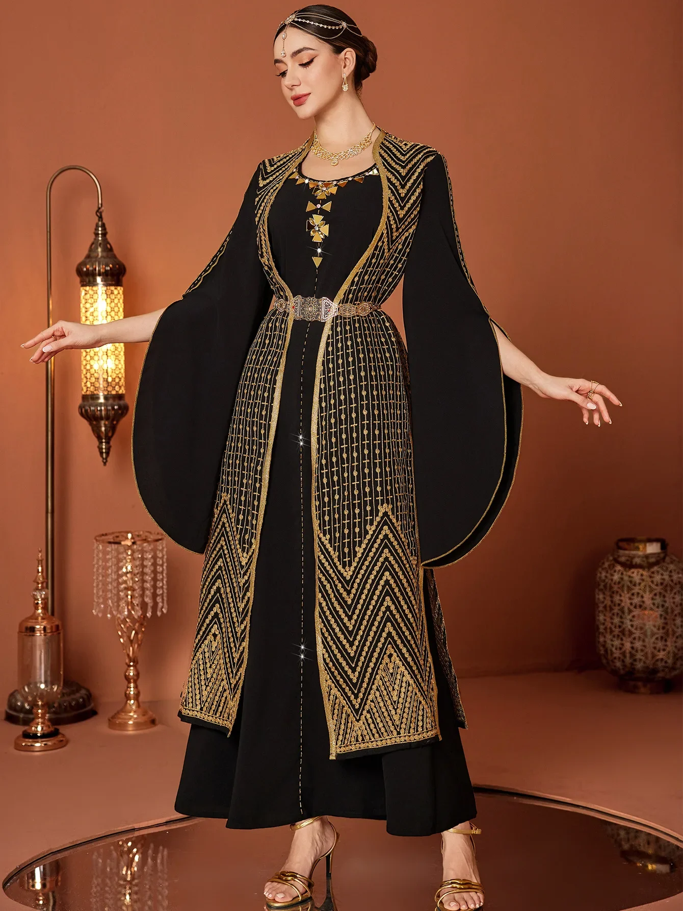 

Ид женское платье Абая с вышивкой поддельные двухсекционные длинные платья Vestidos Largos вечерние кафтан Джалабия Рамадан мусульманский длинный халат 2026