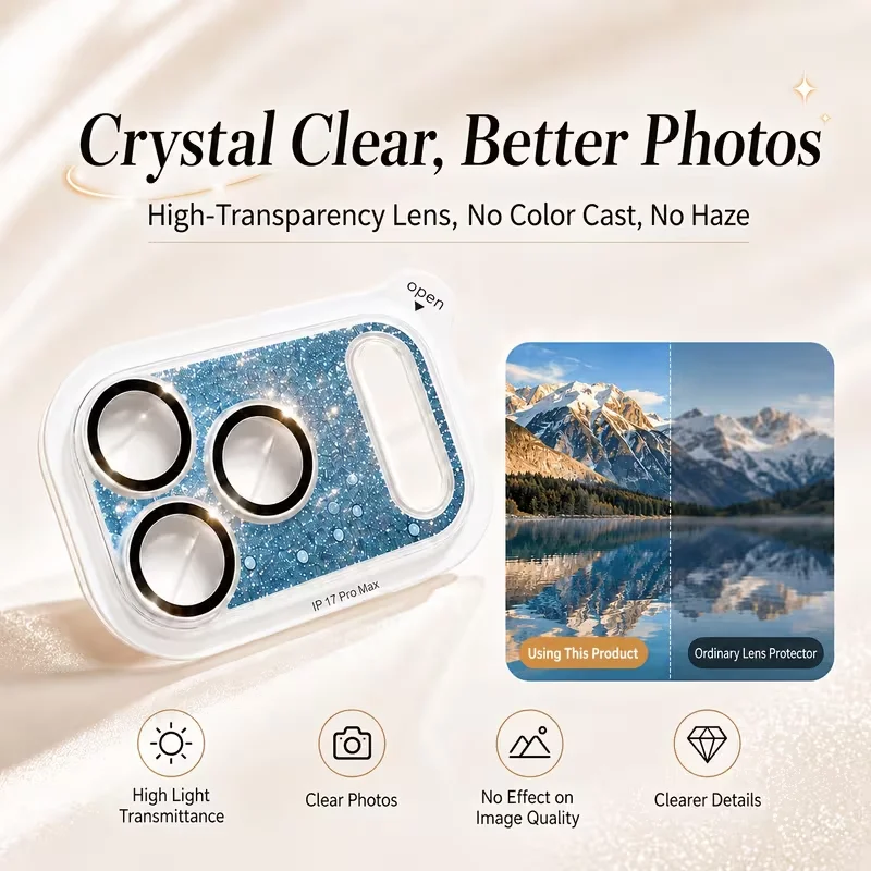Premium Liquid Glitter Camera Case for iPhone 17 Pro/Pro Max High-End Floating Sand Lens Protective Film HD Transparent Sparkling Upgraded Version