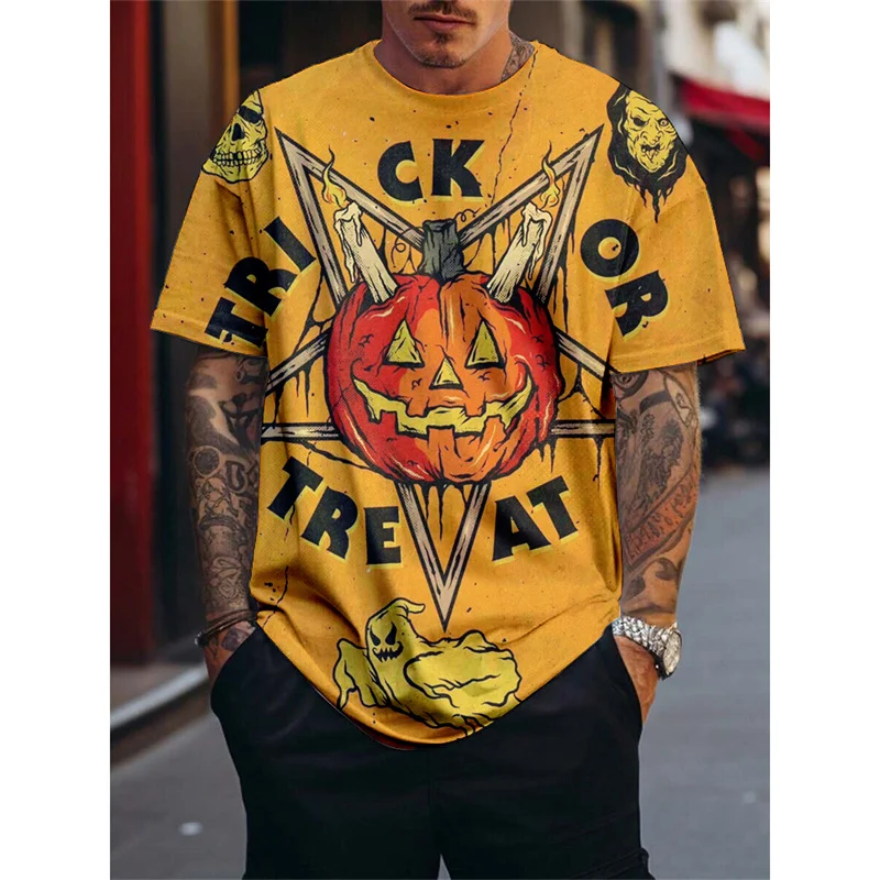 

3D Halloween Cat Printed Men's T-shirt Abstract Pumpkin Skeleton Pattern Tops Summer Loose Round Neck Short Sleeve Men Clothing