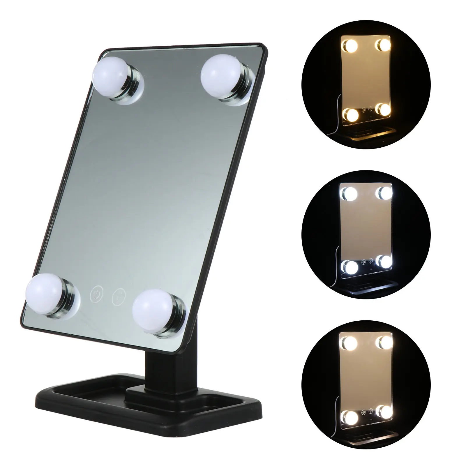 Vanity Makeup Mirror LED Light Swivel Desktop Stand Cosmetics Tray 3 Gear Adjustable Brightness Tabletop Mirror for Women
