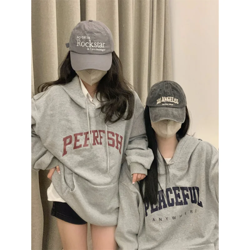 

Women Clothing Solid Grey Baggy Fleece Version Vintage Chic Design Letter Contrasting Colors Sweatshirt Lazy Casual Spring Tops